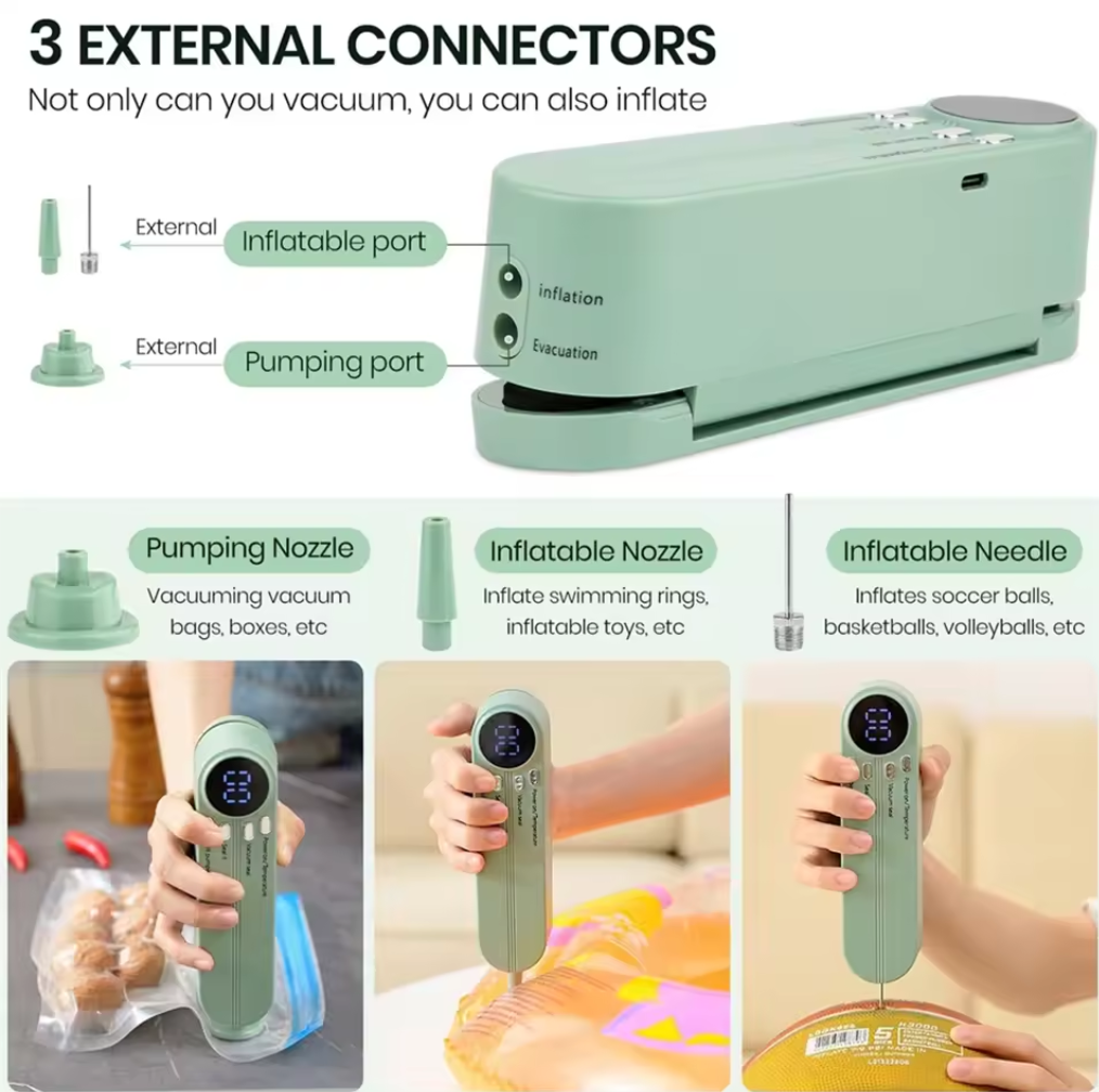 🛠️🍱 3-in-1 Vacuum Sealer – Seal, Inflate & Suction in One! ✨